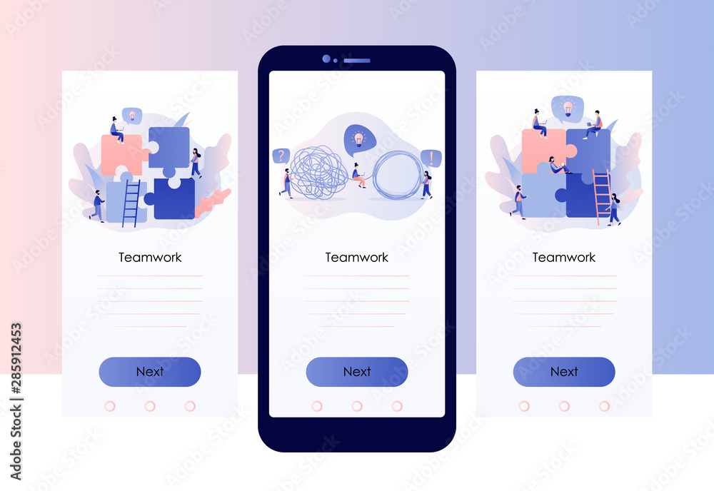 Poster teamwork concept. team metaphor. people connecting puzzle elements. screen template for mobile smart
