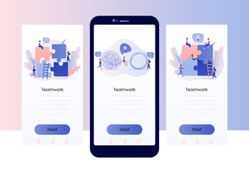 Teamwork concept. Team metaphor. People connecting puzzle elements. Screen template for mobile smart phone. Modern flat cartoon style. Vector illustration