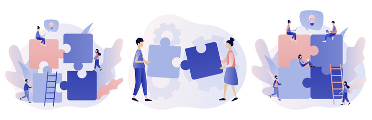 Teamwork concept. Team metaphor. People connecting puzzle elements. Modern flat cartoon style. Vector illustration - obrazy, fototapety, plakaty
