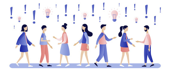 People around exclamation. People communication in search of ideas, problem solving. Modern flat cartoon style. Vector illustration