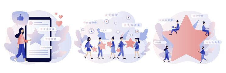 Star rating concept. Customer reviews. People leave feedback and comments. Modern flat cartoon style. Vector illustration