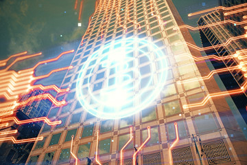 Multi exposure of cryptocurrency theme hologram drawing and city veiw background. Concept of...