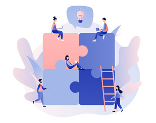 Teamwork concept. Team metaphor. People connecting puzzle elements. Modern flat cartoon style. Vector illustration