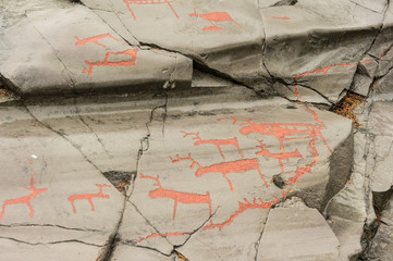 Rock art in Alta Fjord, Norway. Ancient symbols, real drawing,  texture in stone. Red ocher paint. Human preys on animals deer.  Group of petroglyphs, dating from c. 4200 to 500 B.C.
