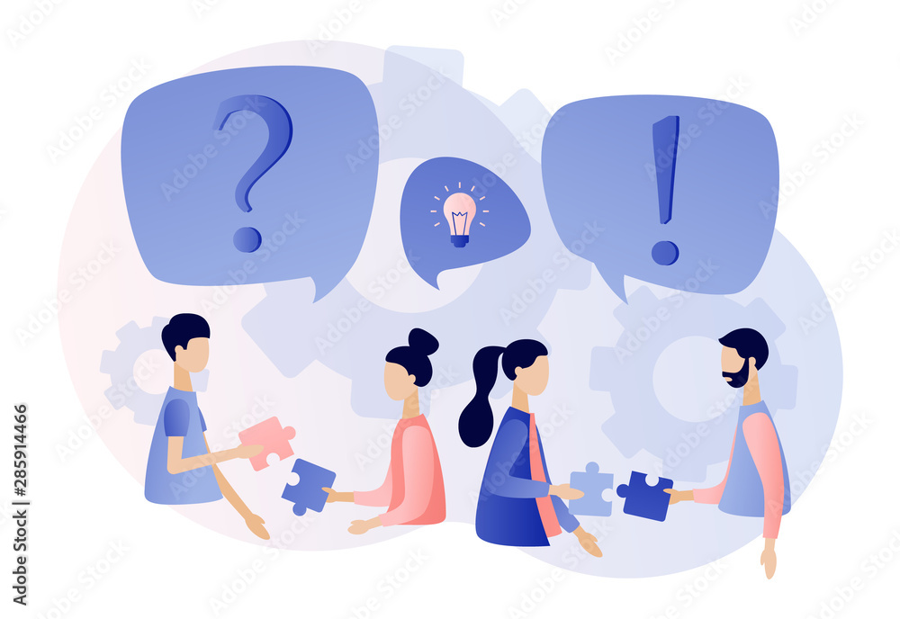 Poster faq concept set. people around exclamations and question marks. metaphor question answer. modern fla