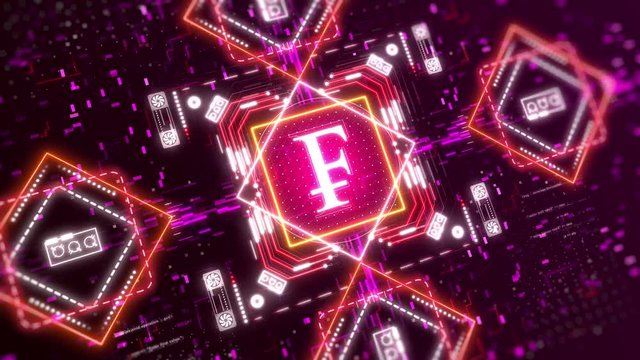 Swiss franc money logo. Financial sign on digital background. 3d animation with bokeh, neon lights.