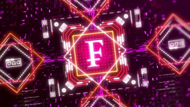 Swiss franc currency logo. Financial sign on digital background. 3d animation with bokeh, neon lights.