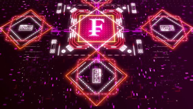 Swiss franc money logo. Financial sign on digital background. 3d animation with bokeh, neon lights.
