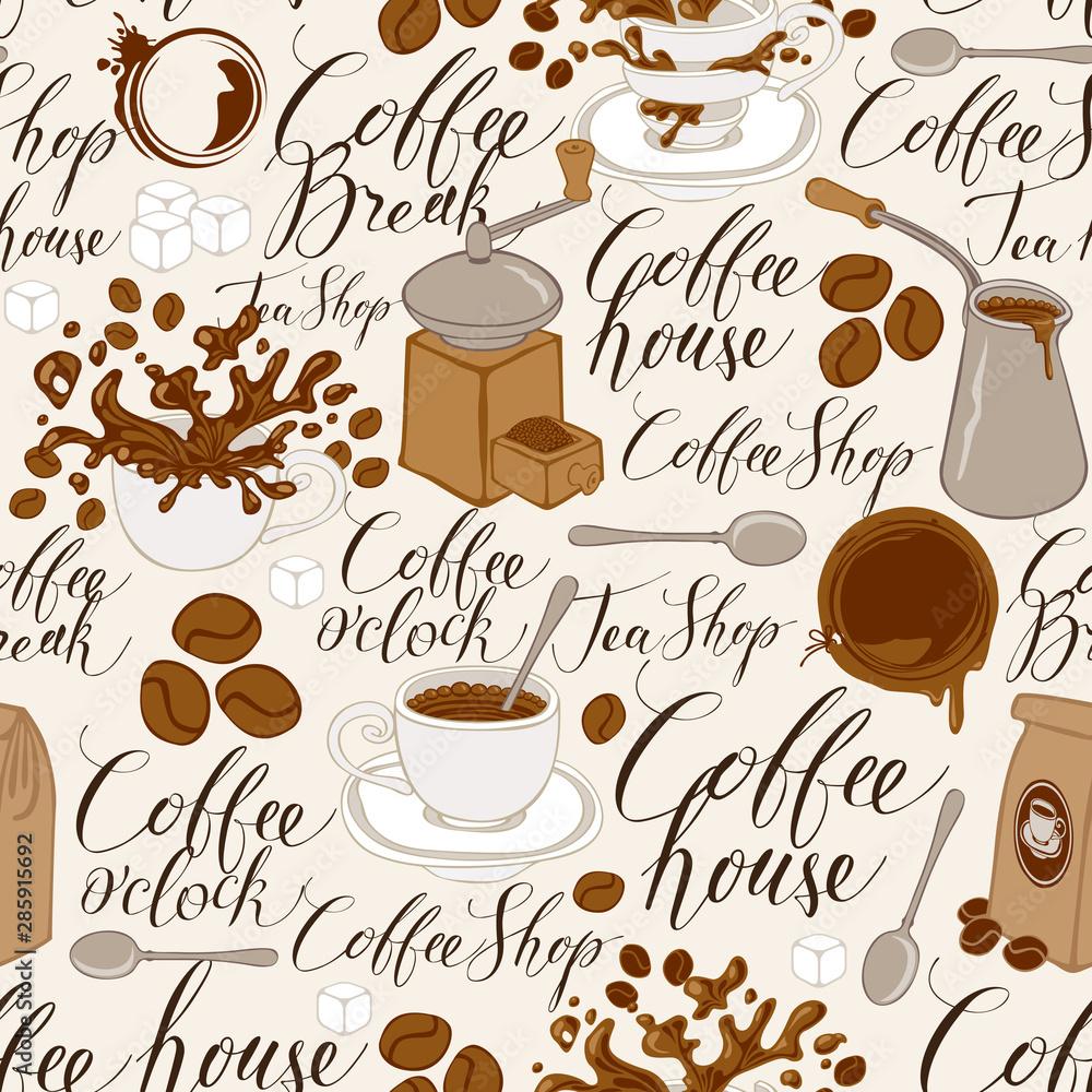 Poster vector seamless pattern on of tea and coffee theme in retro style. repeatable background with coffee