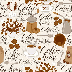 Vector seamless pattern on of tea and coffee theme in retro style. Repeatable background with coffee items, splashes and handwritten inscriptions. Suitable for wallpaper or wrapping paper