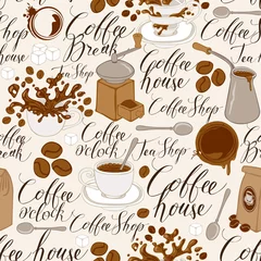 Fototapete Kaffee Vektor nahtlose Muster auf Tee- und Kaffeethema im Retro-Stil. Wiederholbarer Hintergrund mit Kaffeeartikeln, Spritzern und handschriftlichen Inschriften. Geeignet für Tapeten oder Geschenkpapier
