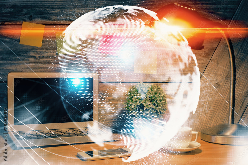 Poster double exposure of business theme icons and work space with computer background. concept of success.