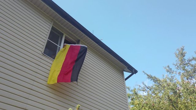 Young people waving a flag in a window at home