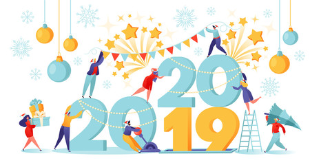 Fototapeta premium Little flat people characters preparing for the New Year. They engaged decoration for the New Year, change numbers 21019 for 2020, man presses lever. Happy people in anticipation of the holiday.