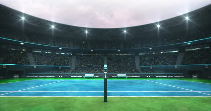 Blue and green tennis court stadium with fans at daytime, side referee view animation loop, professional tennis sport 4k video background