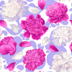 Floral seamless pattern with pink and white peonies on substrate with purple spots. Background for prints, fabric, invitation cards, wedding decoration, wallpapers, wrapping paper. Realistic style.