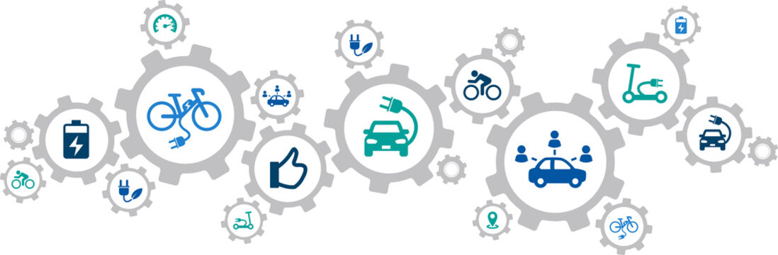 new mobility icon concept: modern individual transportation alternatives, e-car, e-bike, scooter, car sharing - vector illustration