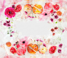 watercolor style and abstract image of Rosh hashanah (jewish New Year holiday) concept. Traditional symbols