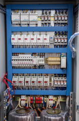 Voltage switchboard with circuit breakers.