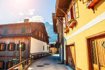 Old architecture in Hallstatt village, Alps, Austria. Famous travel destination
