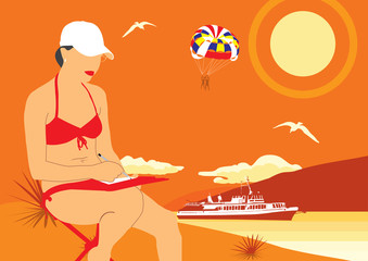 The girl draws the Orange sea. The girl in the cap is engaged in drawing on the beach.
