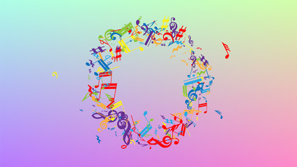 Disco Background. Many Random Falling Notes, Bass and, Treble Clef. Colorful Musical Notes Symbol Falling on Hologram Background. Disco Vector Template with Musical Symbols.