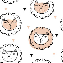 Seamless pattern with lions and triangles. Cartoon animal images. Cute cartoon background for kids. Hand drawn characters. Childish texture for paper, textile, nursery design