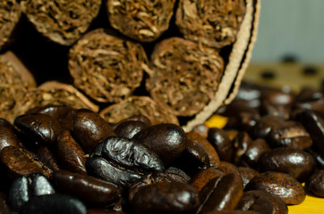 coffee beans on wooden background