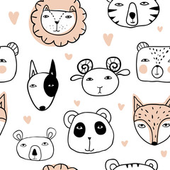 Funny hand drawn animals seamless pattern. Cute cartoon animal Faces. Fox, dog, lion, cat, tiger, bear, hare, panda, koala. Wildlife characters. Outline vector texture for kids textile, nursery design