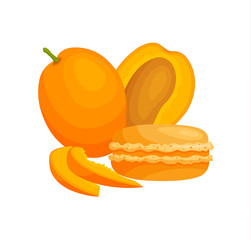 Fototapeta na wymiar Mango macaroon. Still life of french cookies and sliced mango fruit. Vector illustration in cartoon style.