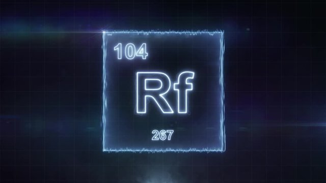 Rutherfordium - periodic table element symbol hologram glowing on dark background in 4K