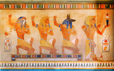 Ancient Egypt scene, mythology. Egyptian gods and pharaohs.