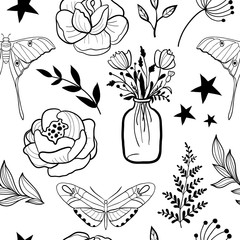 Seamless pattern with hand drawn monochrome flowers, girl, butterfly, rose, stars. Sketch style minimalistic illustration. Vector graphic design for paper, textile print, page fill.