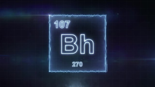 Bohrium - periodic table element symbol hologram glowing on dark background in 4K