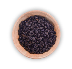 Wooden Bowl with coffee beans on white background.