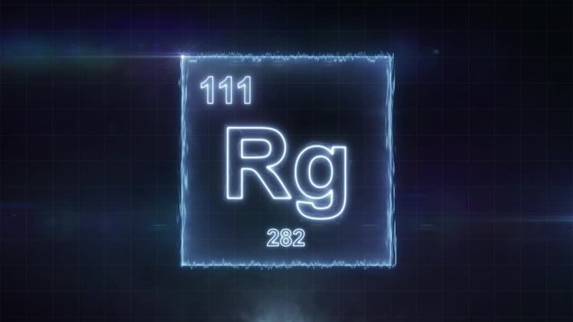 Roentgenium - periodic table element symbol hologram glowing on dark background in 4K