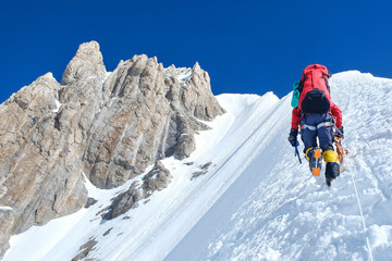 Climber reaches the summit of mountain peak enjoying the landscape view. - obrazy, fototapety, plakaty