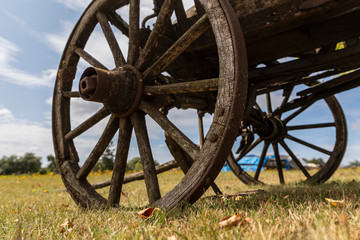 Fototapeta na wymiar old horse cart stands on the field