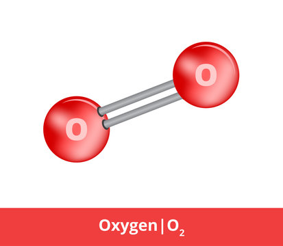 Vector ball-and-stick model model of chemical substance. Icon of oxygen molecule O2 with one double bond. Structural formula of oxygen is suitable for education isolated on a white background.