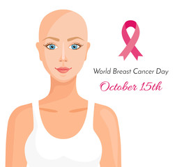 Breast cancer. Banner with a bald girl with cancer, a pink ribbon and the inscription. October 15 is World Breast Cancer Day.