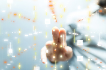 Businessman pressing document icon over computer binary code