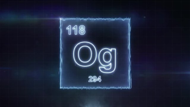 Oganesson - periodic table element symbol hologram glowing on dark background in 4K