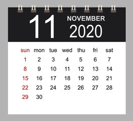 Business calendar 2020 of November. Notebook isolated page. Week starts Sunday. Vector illustration.