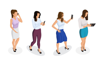 Fototapeta premium Young girl or woman talking on a smartphone, looking at the phone, working on a tablet, taking a selfie.