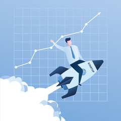 Happy businessman is sitting on flying rocket,successful business or startup concept