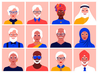 Set of avatars of elderly men and women of different nationalities and races. Diversity. Multinationality. Portraits of grandparents. Vector flat illustration