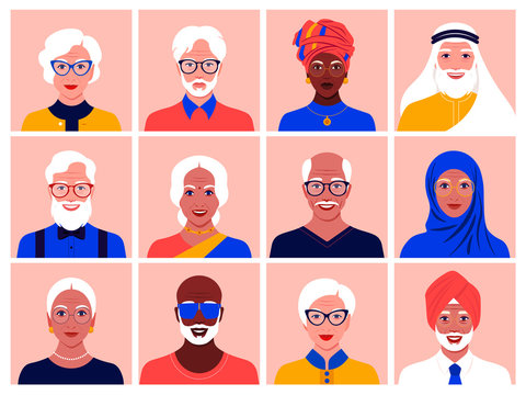 Set of avatars of elderly men and women of different nationalities and races. Diversity. Multinationality. Portraits of grandparents. Vector flat illustration