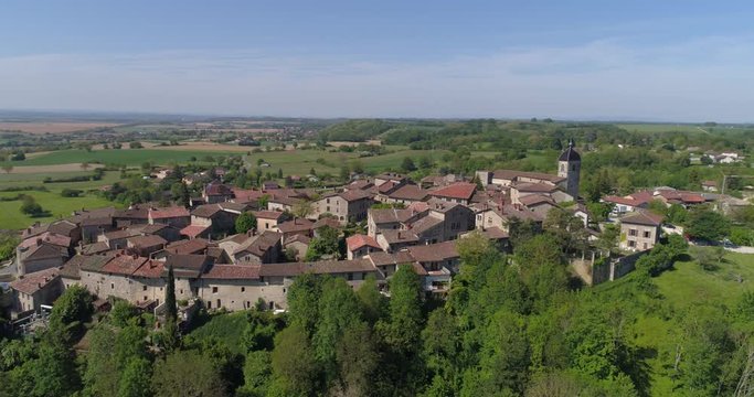 P&eacute;rouges aerial lateral traveling, Ain, labelled Les Plus Beaux Villages de France