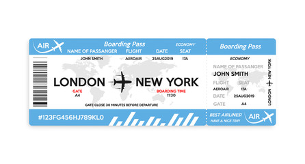Airplane boarding pass ticket isolated on white background. Concept of travel, journey or business trip. Vector illustration.