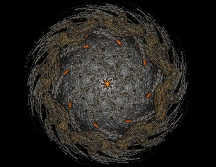 Particles of abstract fractal forms on the subject of nuclear physics science and graphic design. Geometry sacred.